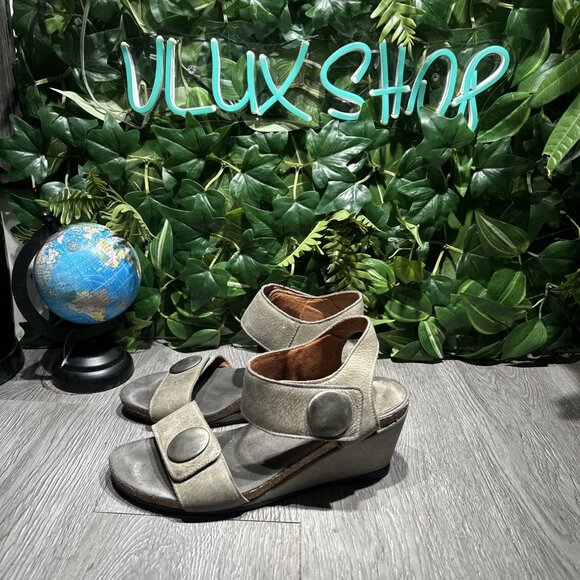 Taos Carousel 2 Grey Leather Wedge Open Toe Slingback Sandal Women’s 38 US 7-7.5 - Picture 4 of 8